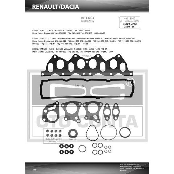 OTO CONTA 40113003 MOTOR TAKIM CONTA ÜST R9 D R11 FLASH  R19 R21 MANAGER EXPRESS KANGOO 1.9D F8Q KEÇELI