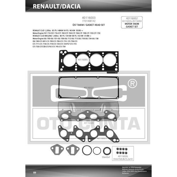 OTO CONTA 40116003 MOTOR TAKIM CONTA ÜST R9 R19 CLIO I CLIO II EXPRESS KANGOO MEGANE 1.4 8V E6J E7J KEÇELI