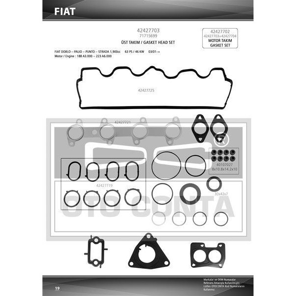 OTO CONTA 42427703 MOTOR TAKIM CONTA ÜST PALIO DOBLO PUNTO 1.9D SKTLI SILINDIR KAPAKSIZ 83mm