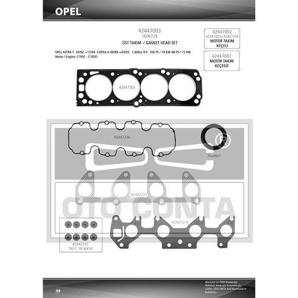 OTO CONTA 42447003 MOTOR TAKIM CONTA ÜST ASTRA F CORSA A 1.6 8V OHC C16SE C16SEI KEÇELI