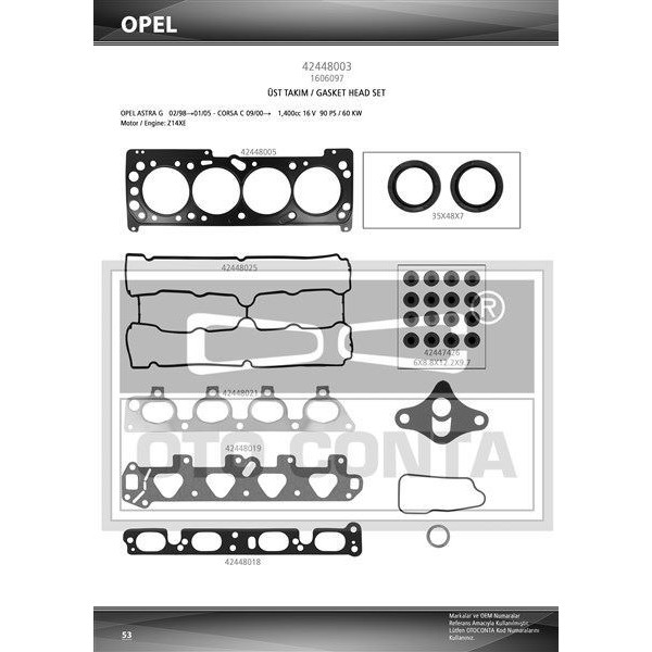 OTO CONTA 42448003 MOTOR TAKIM CONTA ÜST ASTRA G CORSA C 1.4 16V 90PS 66KW DOCH Z14 VITON KEÇELI SUPAP LASTIKLI