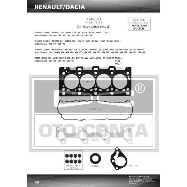 OTO CONTA 42457003S MOTOR TAKIM CONTA ÜST CLIO KANGOO MEGANE LOGAN SANDERO 1.5DCI K9K 712-714-718-724-760 SKT KEÇELI + SUB.LAST