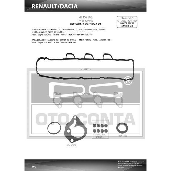 OTO CONTA 42457503 MOTOR TAKIM CONTA ÜST KANGOO MEGANE III MEGANE III 10-