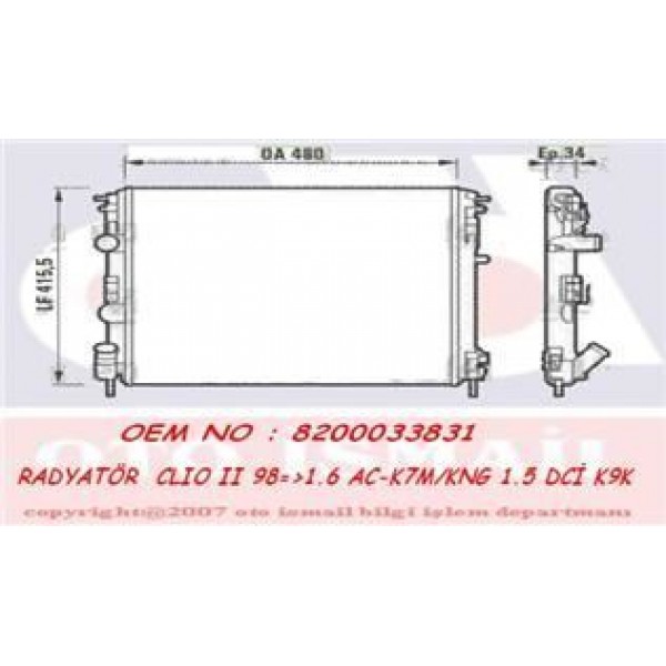 SU RADYATÖRÜ CLIO II SYMBOL 01-; 1.2 1.4 1.6 16V 1.4I 1.5 DCI CLIO SYMBOL II 08-; CLIO THALIA II 08-; KANGOO / LOGAN 04-; SANDERO 08-;