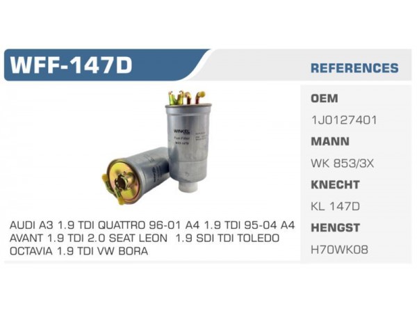 WINKEL WFF-147D MAZOT FİLTRESİ GOLF IV BORA PASSAT LT35 / A3 A4 / TOLEDO II LEON 1.9 TDI Koli: 50 Ad.